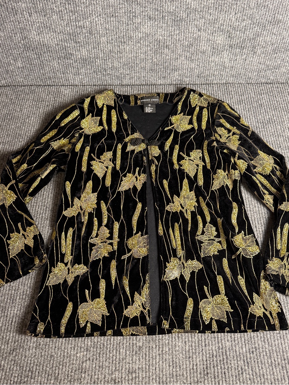 Vintage Robert Louis Black Velvet Cardigan with Autumn Gold Leaf Embroidery Sz S